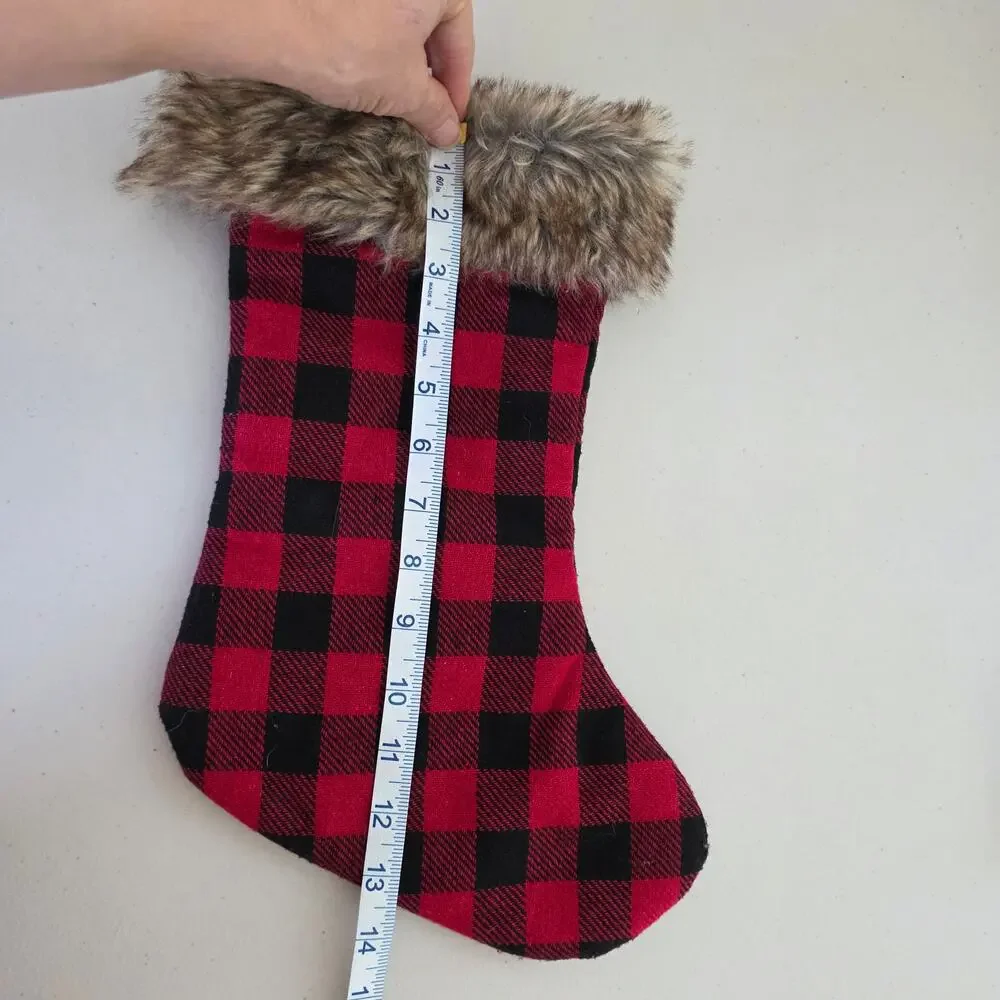 Plaid Christmas Stockings Set of 2 Snowman Applique Faux Fur Rustic Farmhouse